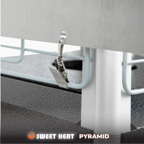 Close-up of aluminum silver Heat Boost Patio Heater Reflector Shield for outdoor use with secure locking clip