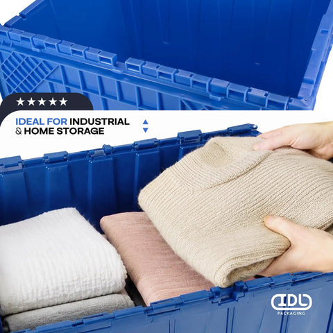 14 Gallon Industrial Plastic Tote Hinged Flip Lid Boss Level Storage Bin Pack Of 6 Heavy Duty Rugged Containers with folded sweaters inside.