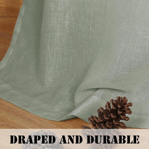 Close-up of Living Room Linen Blend Curtains with open weave showing Sea Grass color and light filtering texture.