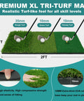 Close-up of 10x7 Ft Golf Hitting Net With Tri Turf Mat showing rough, green, fairway turf sections and golf clubs on mat.