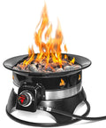 Premium 58,000 BTU Smokeless Propane Fire Pit with auto ignition, 19-inch black outdoor gas pit with visible flames and control knob.