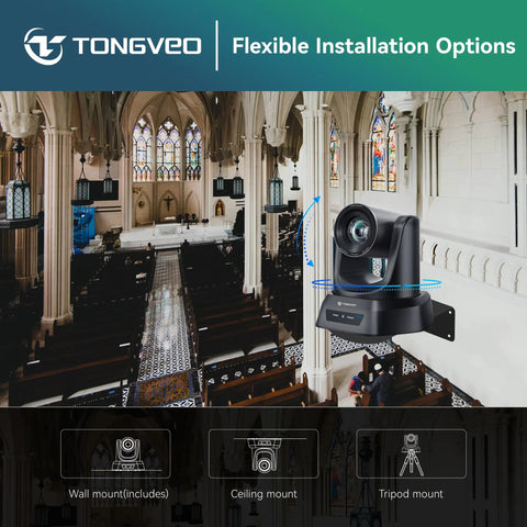 Smart PtZ Camera With 20x Optical Zoom And AI Auto Tracking Offers Crisp 1080p 60fps HDMI USB Output mounted on a wall in a church setting.