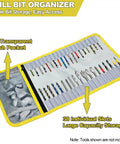 Drill Bit Organizer Roll Up Case With Zipper Heavy Duty Bit Holder Pouch shown open with 38 drill bit slots and mesh pocket.