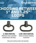 Built Like A Tank Push Button Sling Swivel For Rifles And Shotguns Machined Steel Quick Detach Hardware with 1-inch and 1.25-inch options.