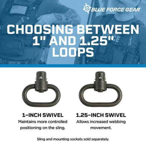 Built Like A Tank Push Button Sling Swivel For Rifles And Shotguns Machined Steel Quick Detach Hardware with 1-inch and 1.25-inch options.