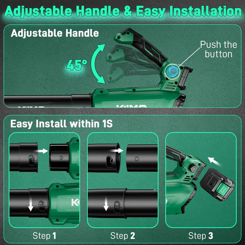 Cordless Leaf Blower With Battery And Charger, 800 CFM At 300 MPH; easy handle adjustment and installation steps visual.