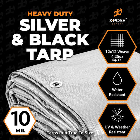 Heavy Duty Poly Tarp 20x25 Foot Weatherproof Cover With 10 Mil Thickness, Reversible Silver And Black, Grommets, UV Blocking