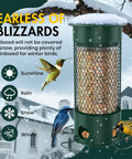 Heavy Duty Weight Activated Squirrel Proof Bird Feeder For Outdoor Hanging Large Capacity All Metal Weatherproof And Durable No Fuss Four Perches Attracts Finches Cardinals Blue Jays Chickadees Green displayed outdoors with birds feeding in snow