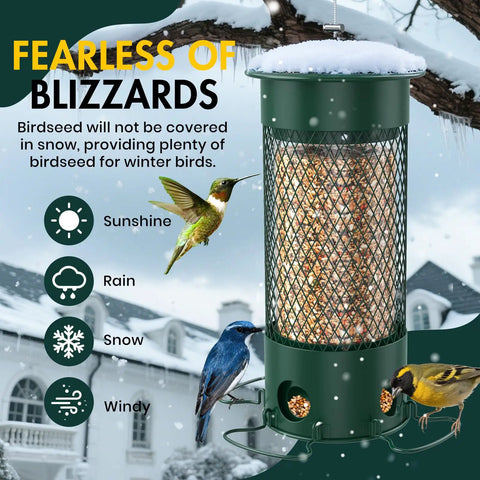 Heavy Duty Weight Activated Squirrel Proof Bird Feeder For Outdoor Hanging Large Capacity All Metal Weatherproof And Durable No Fuss Four Perches Attracts Finches Cardinals Blue Jays Chickadees Green displayed outdoors with birds feeding in snow