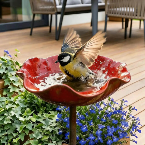 Bird bathing in Handmade Metal Flower Garden Stake With Bird Bath And Bee Watering Station Totally Pollinator Friendly Yard Decor