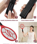 Steps to use 2 Pack Electric Fly Zapper Rackets Handheld Bug Swatters Red And Blue Battery Powered For Mosquitoes And Flies With Safe Protective Mesh No Spray Indoor And Outdoor Use Batteries Not Included, showing battery installation, activation, zapper detail, and swing action.