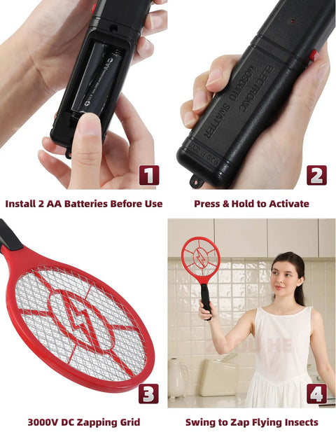 Steps to use 2 Pack Electric Fly Zapper Rackets Handheld Bug Swatters Red And Blue Battery Powered For Mosquitoes And Flies With Safe Protective Mesh No Spray Indoor And Outdoor Use Batteries Not Included, showing battery installation, activation, zapper detail, and swing action.