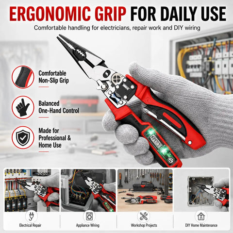 4-in-1 Wire Stripping and Testing Pliers Electrician’s Multitool showing ergonomic grip design for comfortable handling.