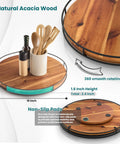 16-inch acacia wood Lazy Susan with black metal frame and turquoise accent, shown with utensils and oil bottle.