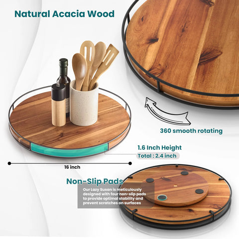 16-inch acacia wood Lazy Susan with black metal frame and turquoise accent, shown with utensils and oil bottle.