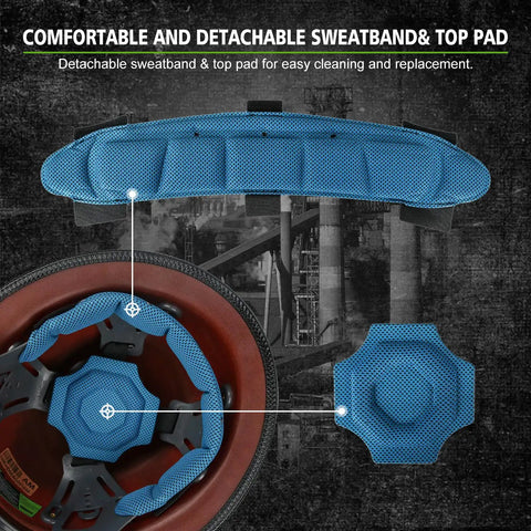 Interior view of Fiberglass Full Brim Hard Hat With Brim Guard, featuring a detachable blue sweatband and top pad