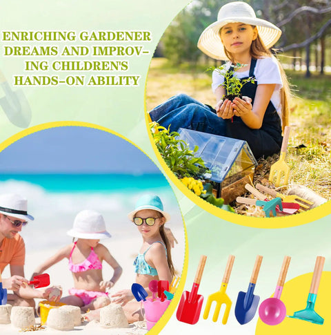 Children enjoying outdoor play with 15 Piece Kids Beach Sand Toys and Garden Tool Set, featuring colorful tools with wooden handles.