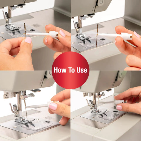 7 Piece Sewing Machine Maintenance Tool Kit With Needle Inserter, Angled Lint Brush, Threader And 3 Screwdrivers in use