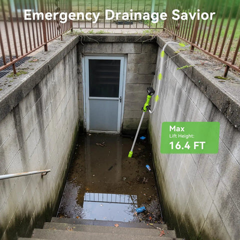 Cordless Stick Transfer Pump For Water And Diesel, 720 GPH Fast Drain, 60 Minute Runtime, shown in flooded basement