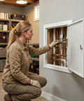 Woman inspecting plumbing inside Rock Solid Aluminum Access Panel For Drywall 12 By 16 Inch in a basement setting.