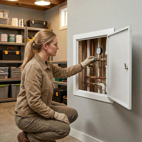 Woman inspecting plumbing inside Rock Solid Aluminum Access Panel For Drywall 12 By 16 Inch in a basement setting.