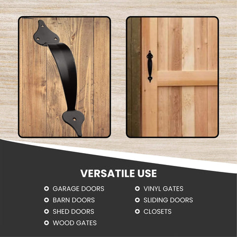 10 Inch Ornamental Gate Handle Built Tough Decorative Pull For Gates Barn Doors Fences Sheds Garages Closets Pantries Sliding Doors Indoor Outdoor Use Black Powder Coated Finish on wood and door installation