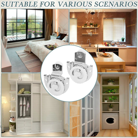 Sliding Wardrobe Door Hardware Set With Four Rollers And Eight Screws For Closet Cabinets, shown in various home settings