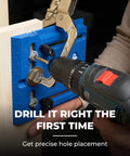 Portable Cabinet Hardware Jig With Edge Guide For Knobs And Small Pulls in use with drill, showcasing boss level accuracy.