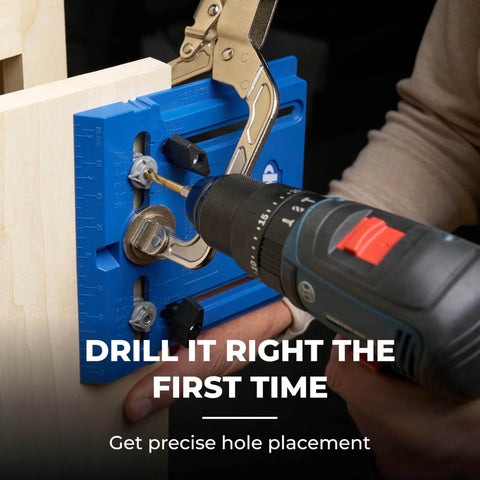 Portable Cabinet Hardware Jig With Edge Guide For Knobs And Small Pulls in use with drill, showcasing boss level accuracy.