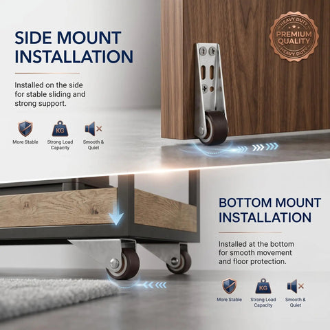 Heavy Duty Vertical Track Roller Wheels For Sliding Doors Featuring Silky Smooth Glide Rubber Casters As Bottom Guides To Fix Sticking Tracks And Level Up Your Closet Setup Without The Hassle Four Pack, side and bottom mount installations.