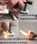 Step-by-step use of 48 Pack Fire Starter Tabs Waterproof Tinder For Camping, Survival, And Campfire Ignition with ferro rod.