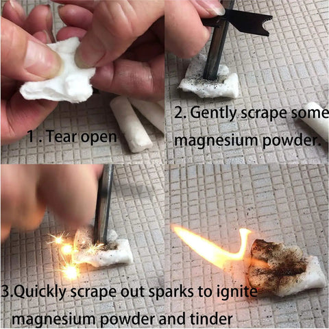 Step-by-step use of 48 Pack Fire Starter Tabs Waterproof Tinder For Camping, Survival, And Campfire Ignition with ferro rod.