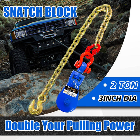 2 Ton Snatch Block With G80 Chain For Three Eighths Inch Wire Rope, 3 Inch Sheave, Beefed Up Heavy Duty Recovery Block