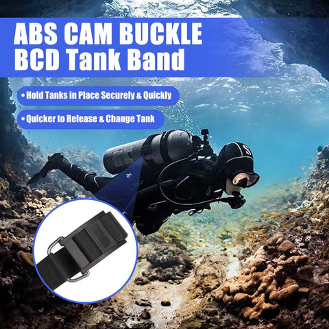 Scuba Diving BCD Tank Strap With Quick Release Cam Buckles shown in use underwater, securing an oxygen tank.