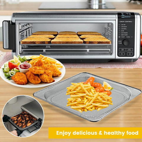 Air Fryer Basket And Steel Wire Rack Accessory For SP100 SP101 Convection Oven, 13.5 X 13.3 Inches, with food and oven display