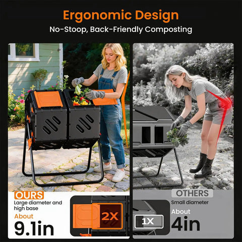 Two Chamber Outdoor Compost Bin With 170L Capacity, Dual Reversing Drum, shown in use with a large diameter design