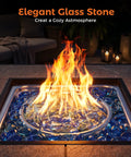 Close-up of Propane Gas Fire Pit Table 32 Inch Square Outdoor Patio Brown with 50,000 BTU Stainless Steel Burner and Glass Stones
