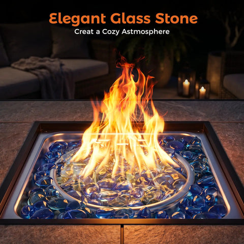 Close-up of Propane Gas Fire Pit Table 32 Inch Square Outdoor Patio Brown with 50,000 BTU Stainless Steel Burner and Glass Stones