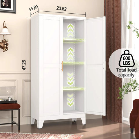 Heavy Duty White Metal Pantry Cabinet With 2 Doors And 3 Adjustable Shelves Freestanding Kitchen Storage Cabinet Durable Steel Construction 150 Lbs Per Shelf Perfect For Dining Room Living Room And Bathroom