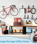 Garage with Heavy Duty Steel Wall Mount Hooks For Garage And Garden Tools, Large U Hooks with Anti Slip PVC Coating holding bike and tools.