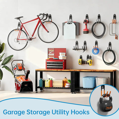 Garage with Heavy Duty Steel Wall Mount Hooks For Garage And Garden Tools, Large U Hooks with Anti Slip PVC Coating holding bike and tools.