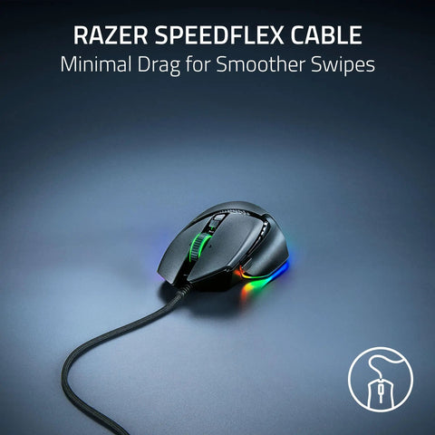 Basilisk V3 35K Wired Ergonomic Gaming Mouse With HyperScroll Tilt Wheel and Speedflex Cable on blue background