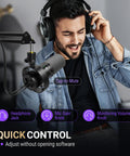 Man using Dynamic USB XLR Podcast Microphone Kit With Boom Arm For PC And Mixer, Gaming Microphone With Mute Button And Headphone Jack
