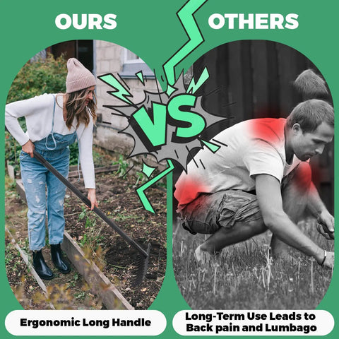 Comparison of ergonomic use of All In One Garden Hoe And Weed Puller With 76.8 Inch Adjustable Stainless Steel Handle and poor posture.