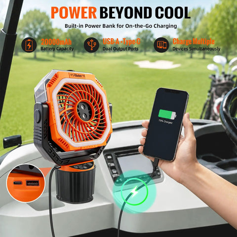 Chill Out On The Links With This Badass Golf Cart Misting Fan Featuring rechargeable battery and USB ports for easy charging.