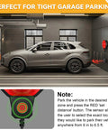 Adjustable Garage Parking Sensor With LED Display Black No Guesswork Parking Ultrasonic Distance Meter From 6 Inches To 6 Feet For Pinpoint Parking, Easy Setup With Adhesive Or Anchors, Great For Compact Cars, SUVs, And Trucks mounted beside gray SUV in garage