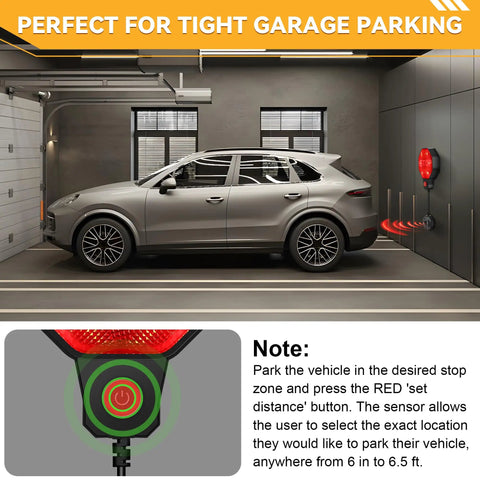 Adjustable Garage Parking Sensor With LED Display Black No Guesswork Parking Ultrasonic Distance Meter From 6 Inches To 6 Feet For Pinpoint Parking, Easy Setup With Adhesive Or Anchors, Great For Compact Cars, SUVs, And Trucks mounted beside gray SUV in garage