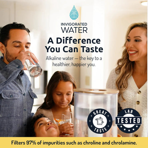 Family enjoying Ultrafiltration Alkaline Water Filter Cartridge For Your Pitcher PH002 Replacement, promoting health and taste.
