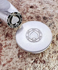 Pro Grade Metal Signature Stamp For Jewelry And Metalwork tool with crisp spade logo imprint on stainless steel, angled view