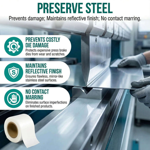 Urethane Die Protection Film for Press Brake Guards, shows application on metal sheet, highlighting anti-marring and die protection benefits.